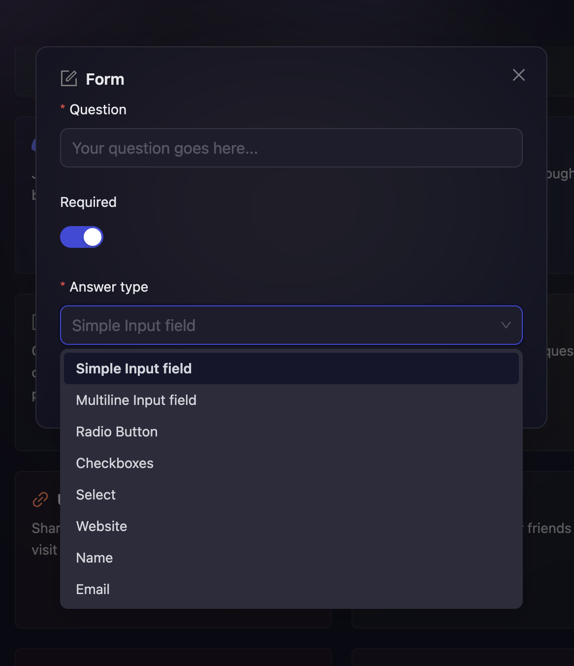 Form Task Questions Configuration