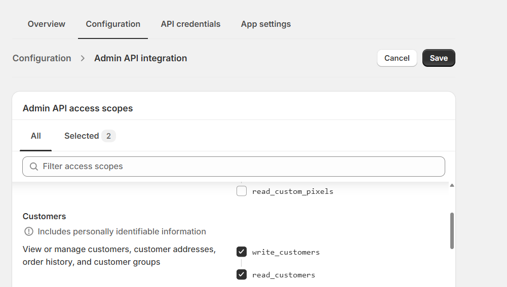 Customer permissions configuration screen